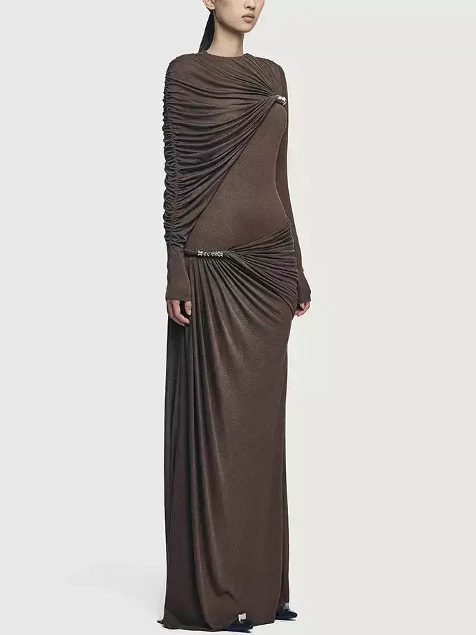 Asymmetrical Draped Long-Sleeve Jersey Gown - Dresses