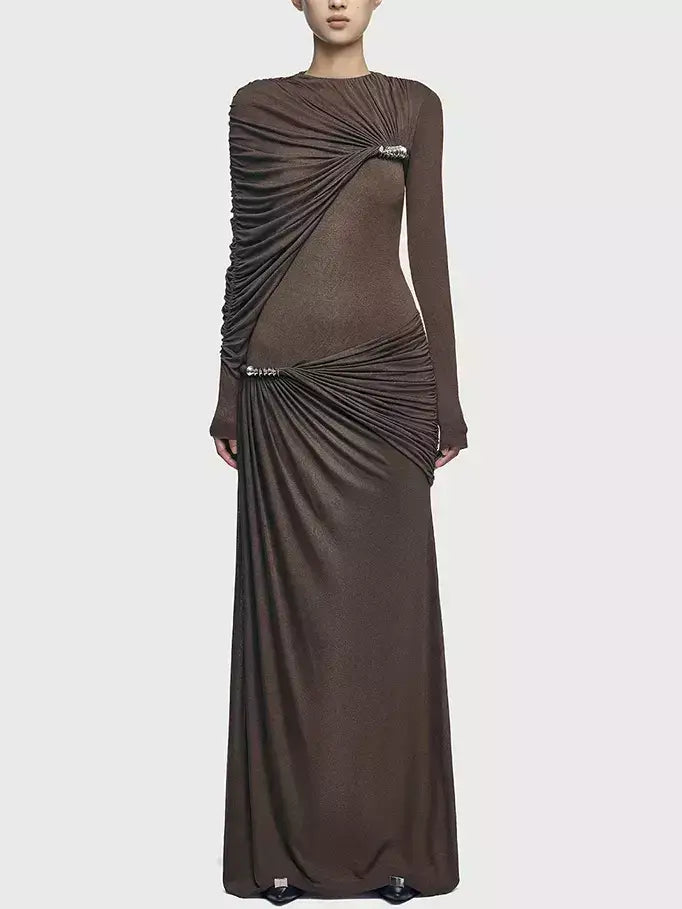 Asymmetrical Draped Long-Sleeve Jersey Gown - S / Brown - Dresses