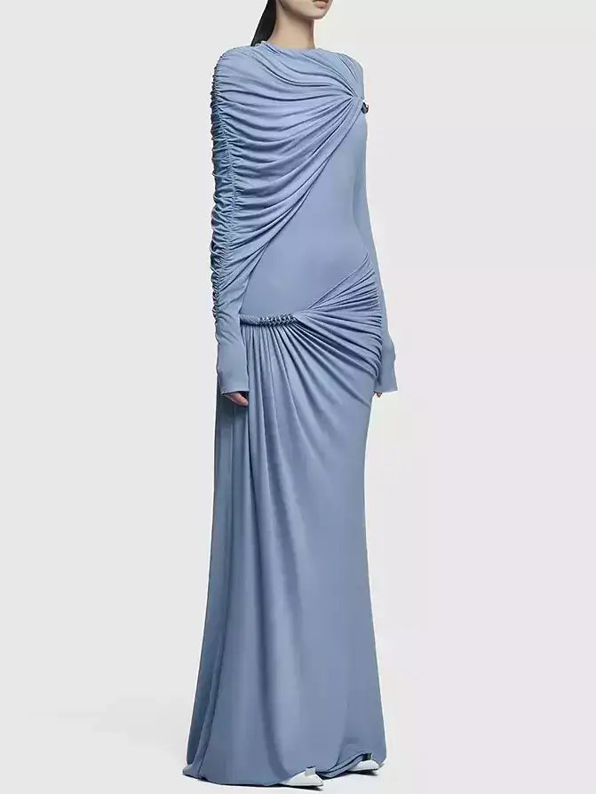 Asymmetrical Draped Long-Sleeve Jersey Gown - Dresses