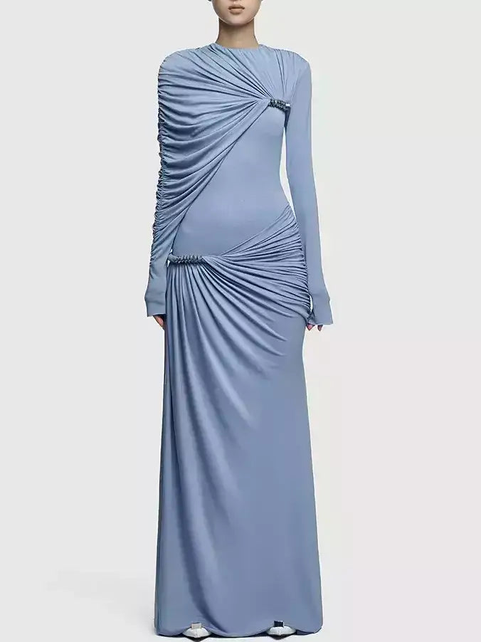 Asymmetrical Draped Long-Sleeve Jersey Gown - Dresses
