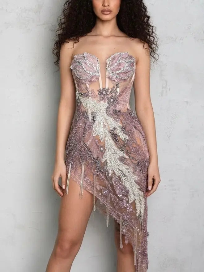 Asymmetrical Embellished Strapless Corset Dress - Dresses