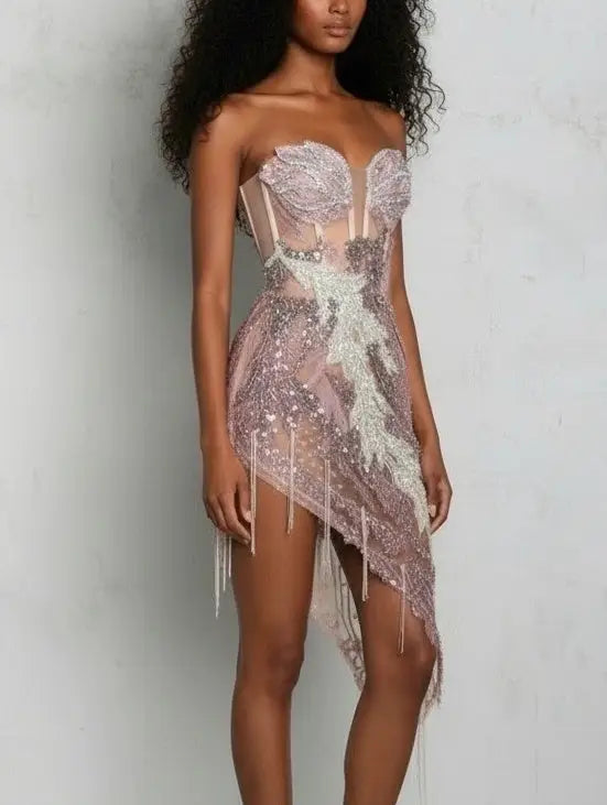 Asymmetrical Embellished Strapless Corset Dress - Dresses