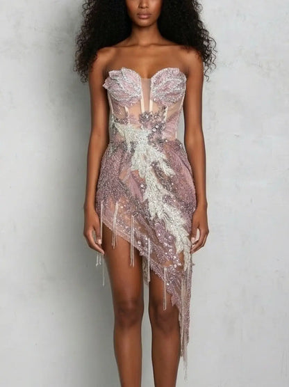 Asymmetrical Embellished Strapless Corset Dress - Dresses