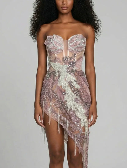 Asymmetrical Embellished Strapless Corset Dress - Dresses