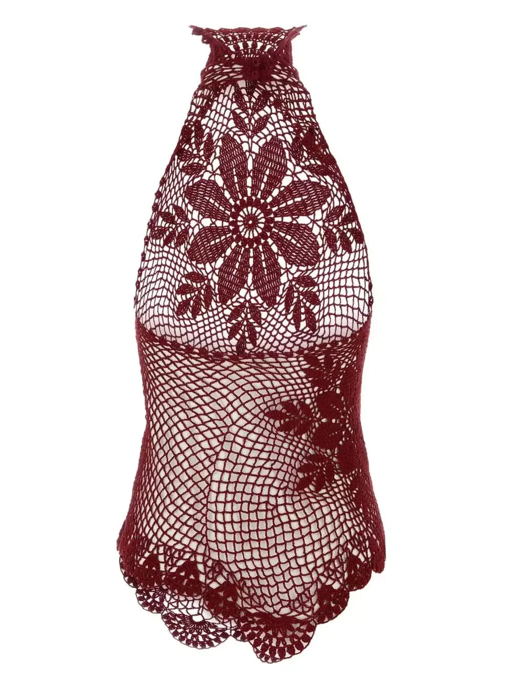 Asymmetrical Floral Crochet Cotton Halter Top - Tops