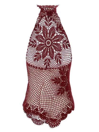 Asymmetrical Floral Crochet Cotton Halter Top - Tops