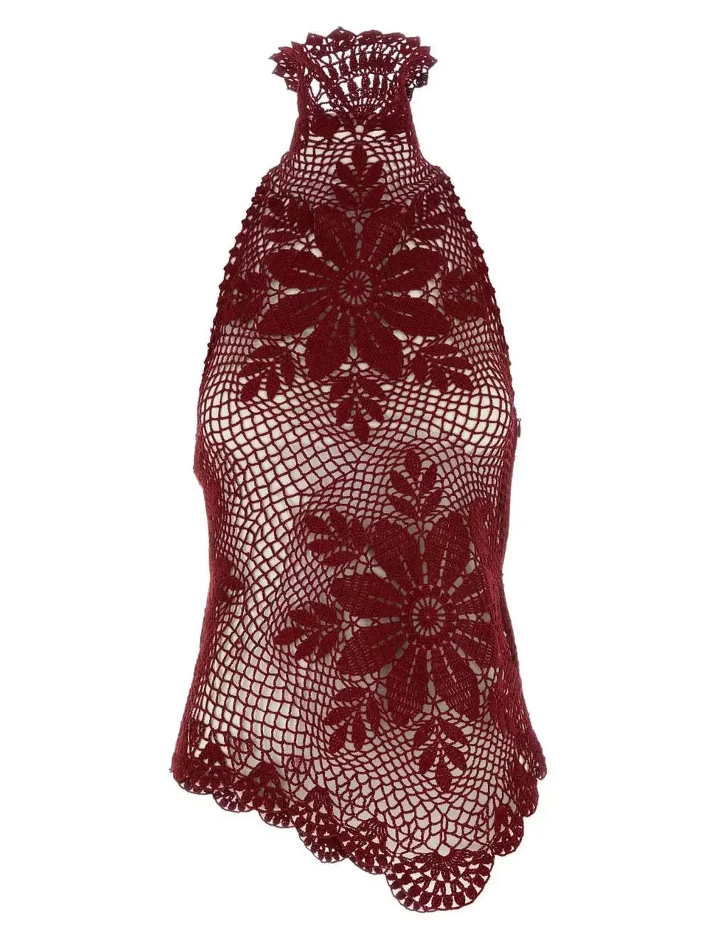 Asymmetrical Floral Crochet Cotton Halter Top - Small / Wine Red - Tops