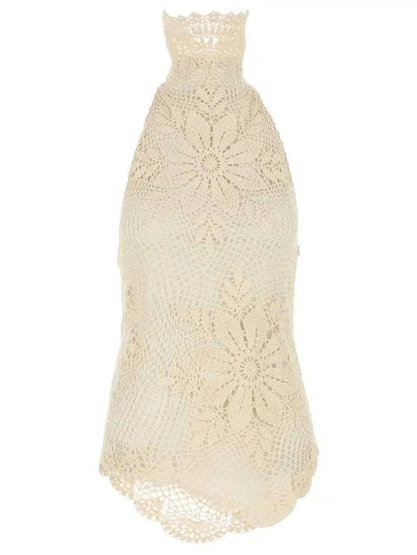 Asymmetrical Floral Crochet Cotton Halter Top - Tops