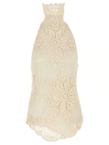 Asymmetrical Floral Crochet Cotton Halter Top - Tops