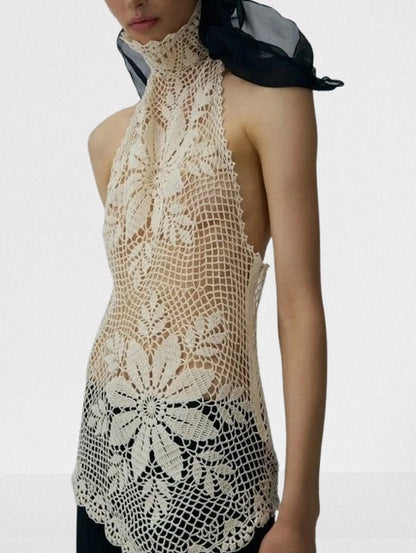Asymmetrical Floral Crochet Cotton Halter Top - Tops