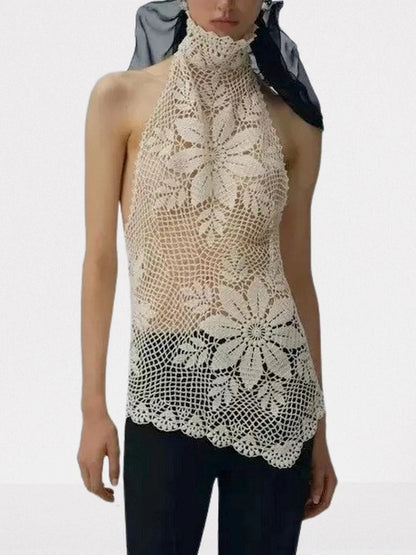 Asymmetrical Floral Crochet Cotton Halter Top - Tops