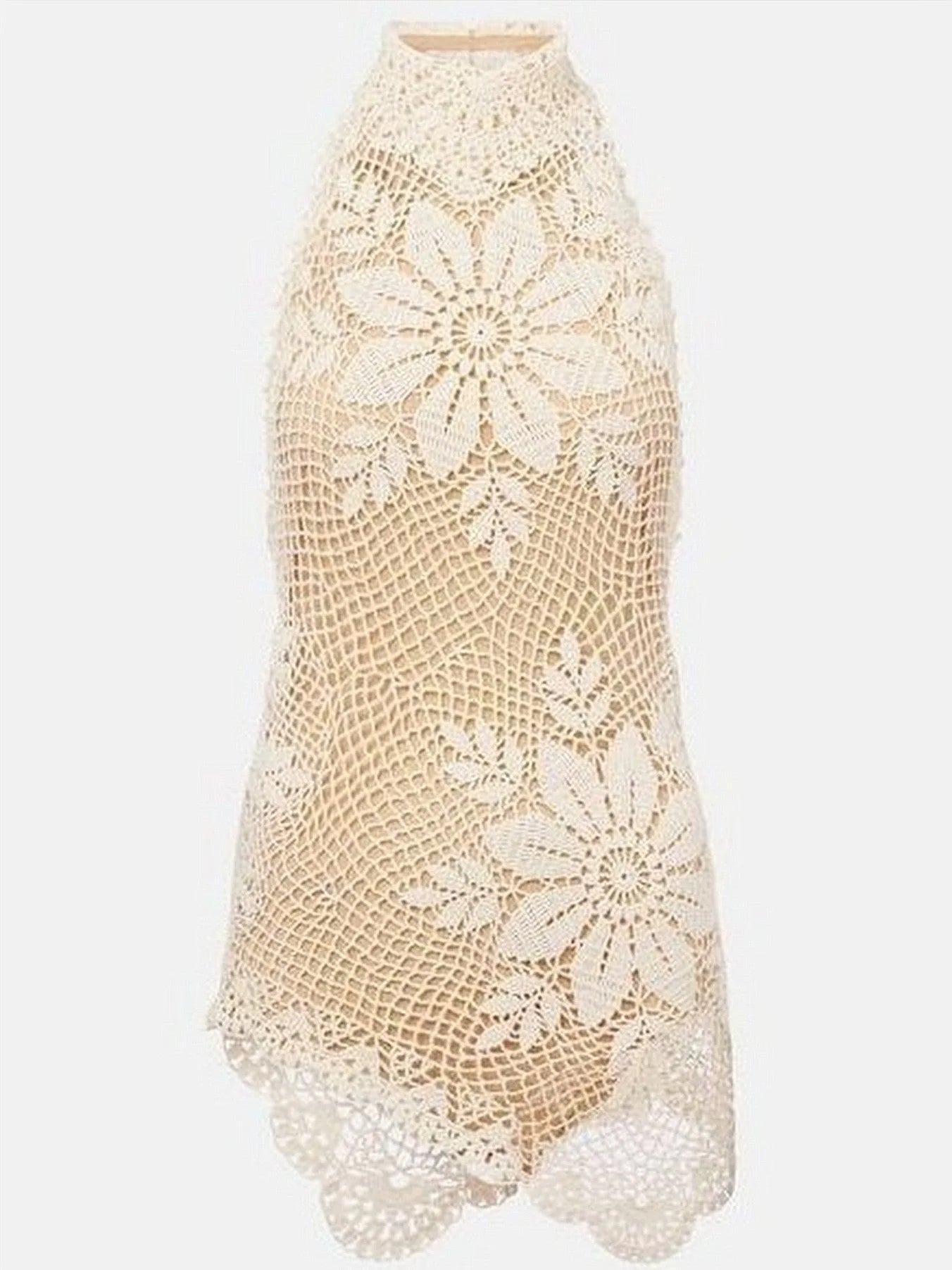Asymmetrical Floral Crochet Cotton Halter Top - Tops