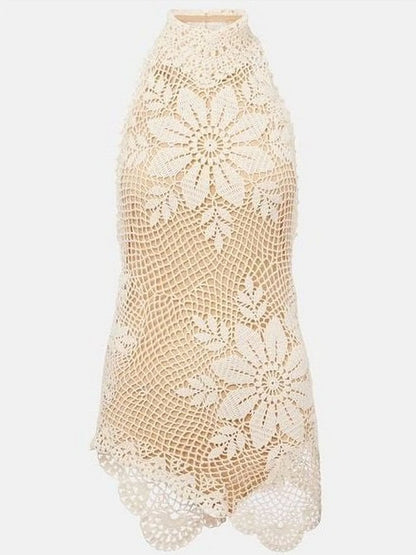 Asymmetrical Floral Crochet Cotton Halter Top - Tops
