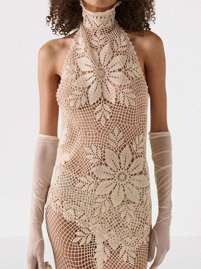 Asymmetrical Floral Crochet Cotton Halter Top - Tops