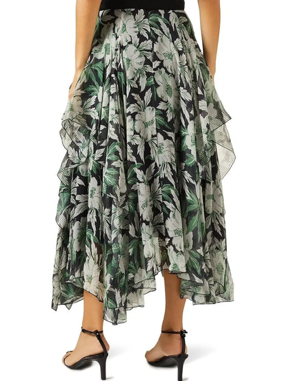 Asymmetrical Hibiscus Floral Print Midi Skirt - Skirts