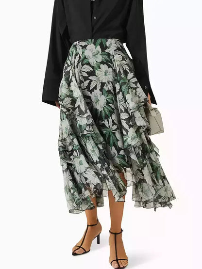 Asymmetrical Hibiscus Floral Print Midi Skirt - Skirts