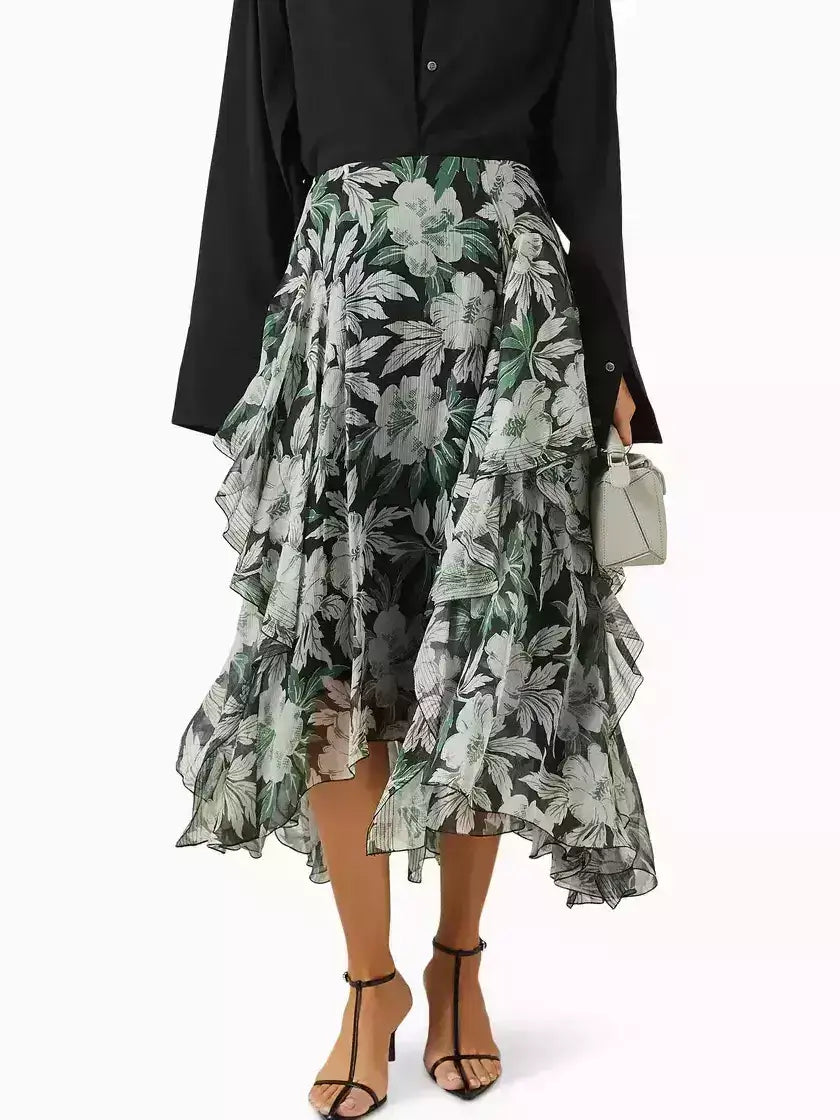 Asymmetrical Hibiscus Floral Print Midi Skirt - Skirts