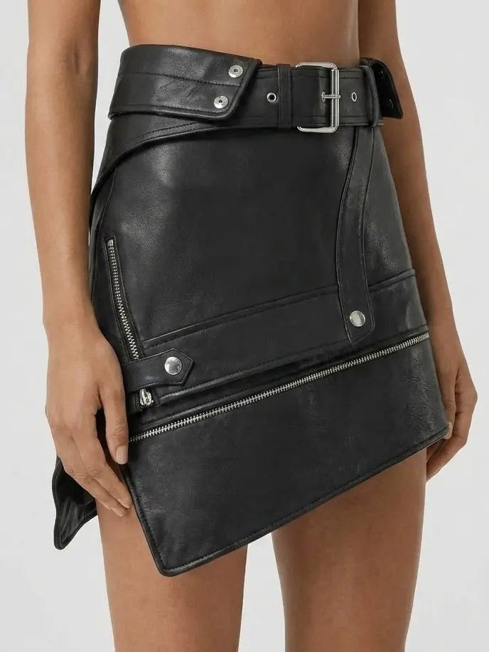 Asymmetrical Lambskin Leather Mini Skirt - Skirts