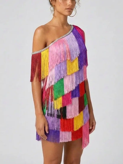 Asymmetrical Layered Fringe Multicolor Mini Dress - Dresses