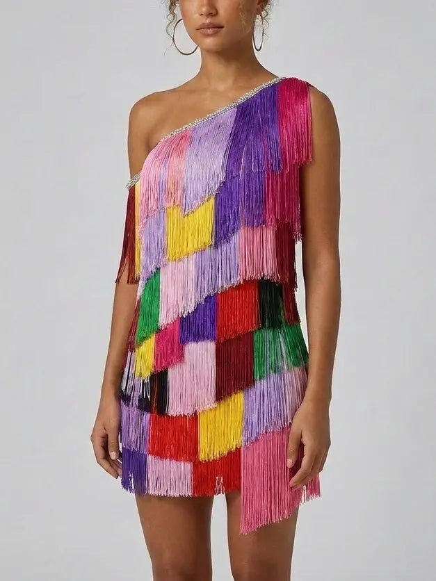 Asymmetrical Layered Fringe Multicolor Mini Dress - Dresses
