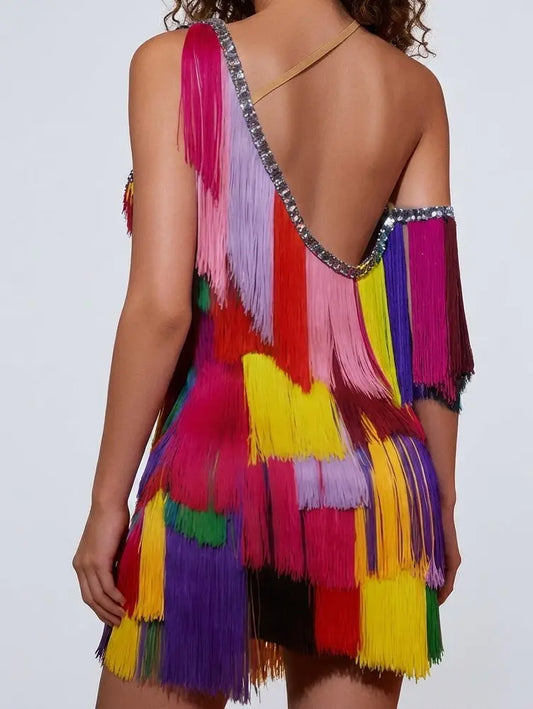 Asymmetrical Layered Fringe Multicolor Mini Dress - Dresses