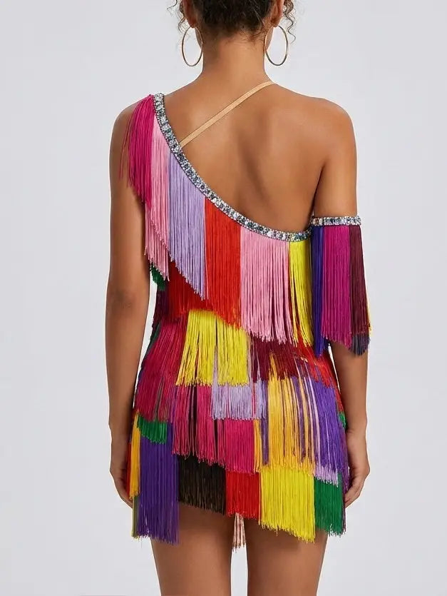 Asymmetrical Layered Fringe Multicolor Mini Dress - Dresses