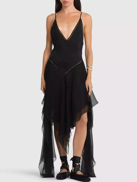 Asymmetrical Multi-Layer Black V-Neck Dress - Small - Dresses