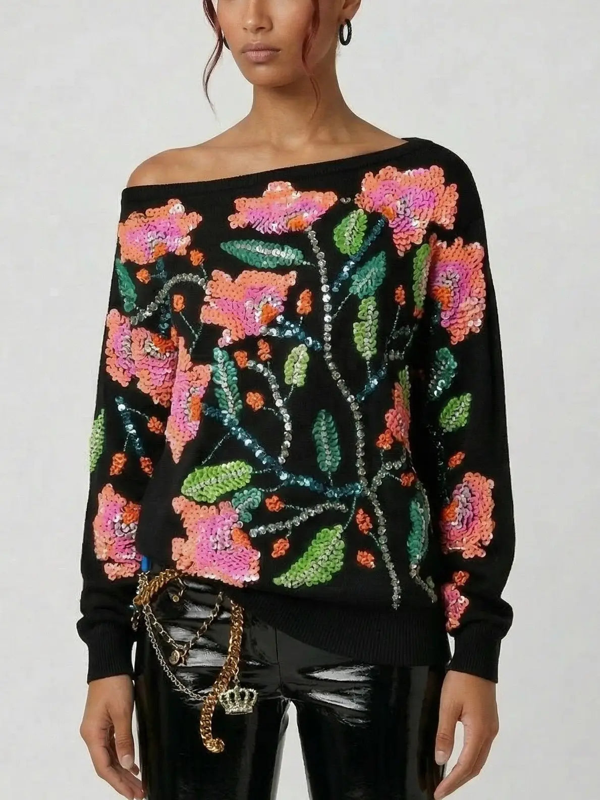 Asymmetrical Oversized Black Sequin Floral Sweatshirt - Tops