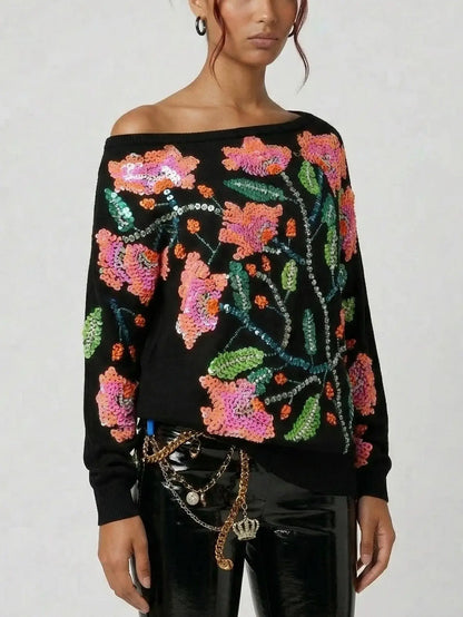 Asymmetrical Oversized Black Sequin Floral Sweatshirt - Tops