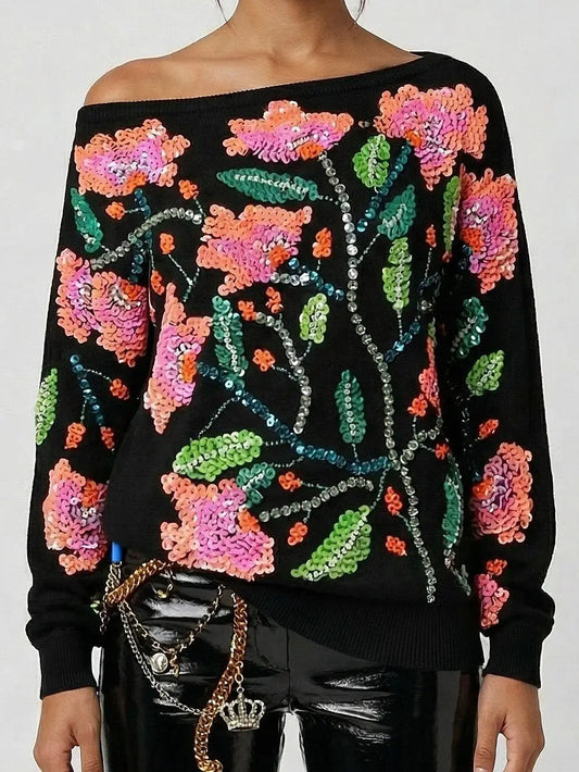 Asymmetrical Oversized Black Sequin Floral Sweatshirt - Tops