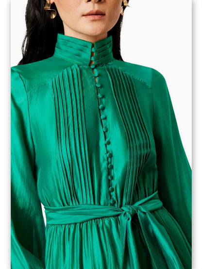 Women’s Asymmetrical Pleat-Paneled Ruffled Tie-Waist Dress in Green Branna Couture