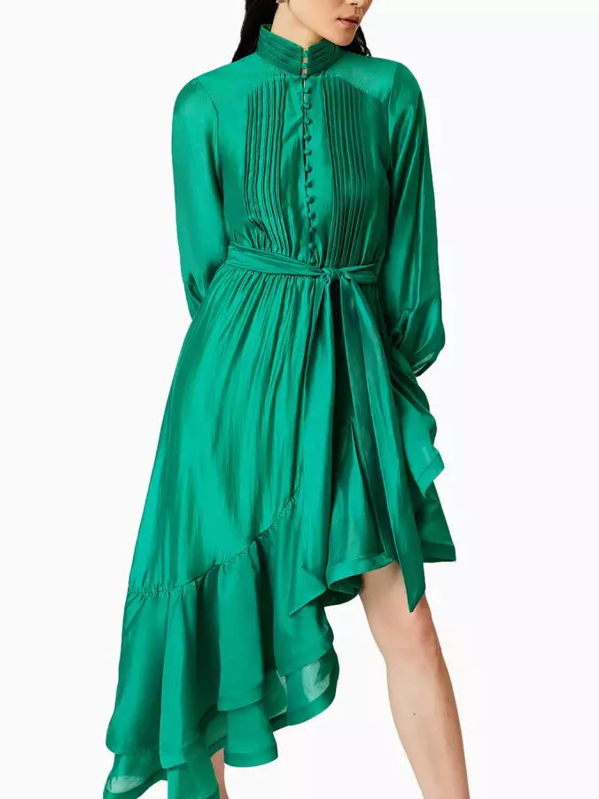 Women’s Asymmetrical Pleat-Paneled Ruffled Tie-Waist Dress in Green Branna Couture