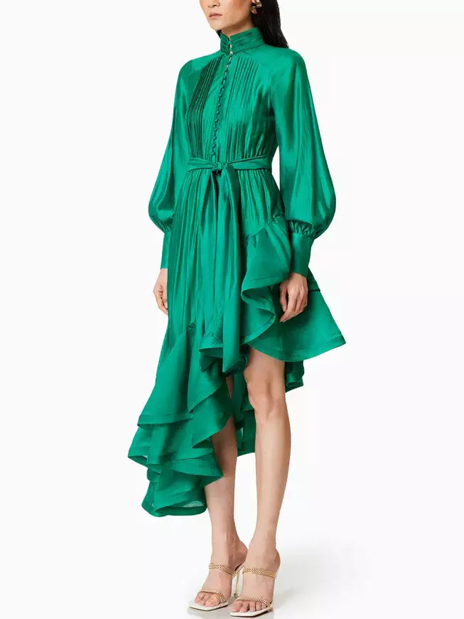 Women’s Asymmetrical Pleat-Paneled Ruffled Tie-Waist Dress in Green Branna Couture