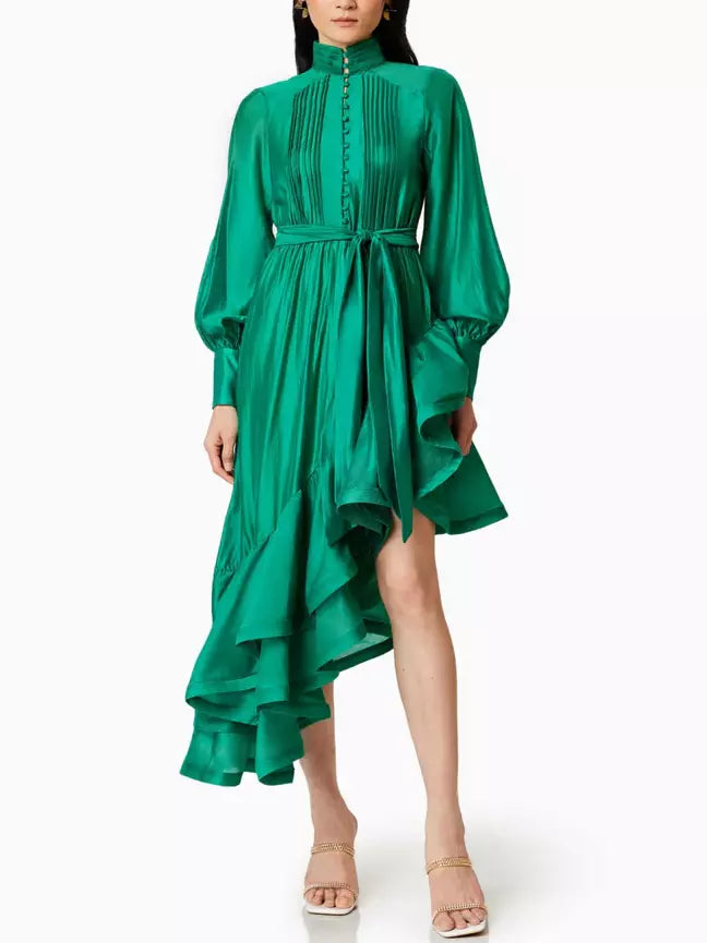 Women’s Asymmetrical Pleat-Paneled Ruffled Tie-Waist Dress in Green Branna Couture