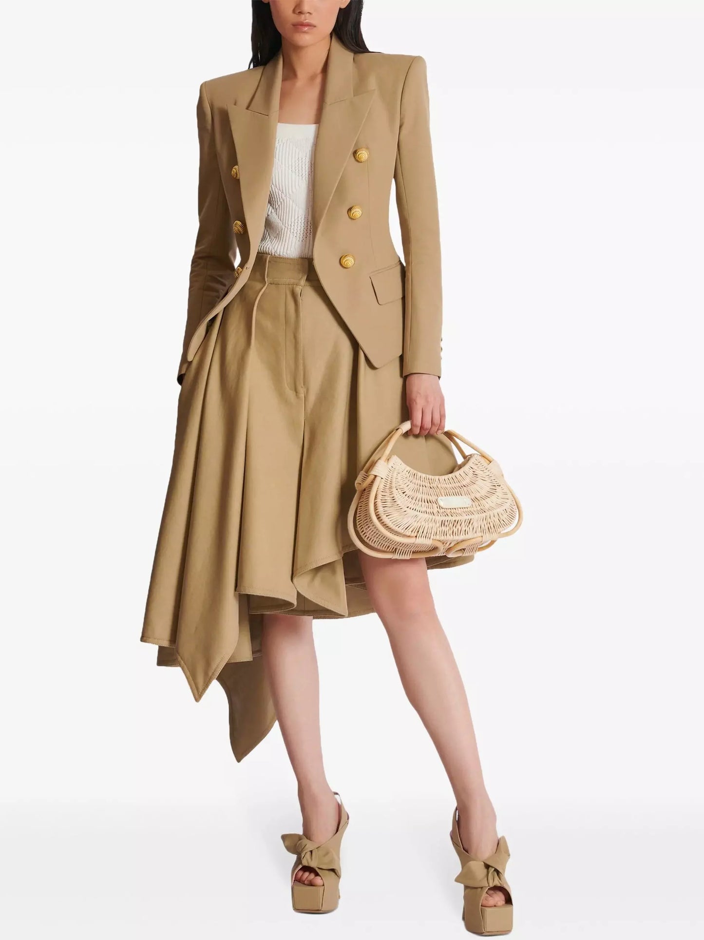 Asymmetrical Pleated Flared Skirt in Beige Branna Couture