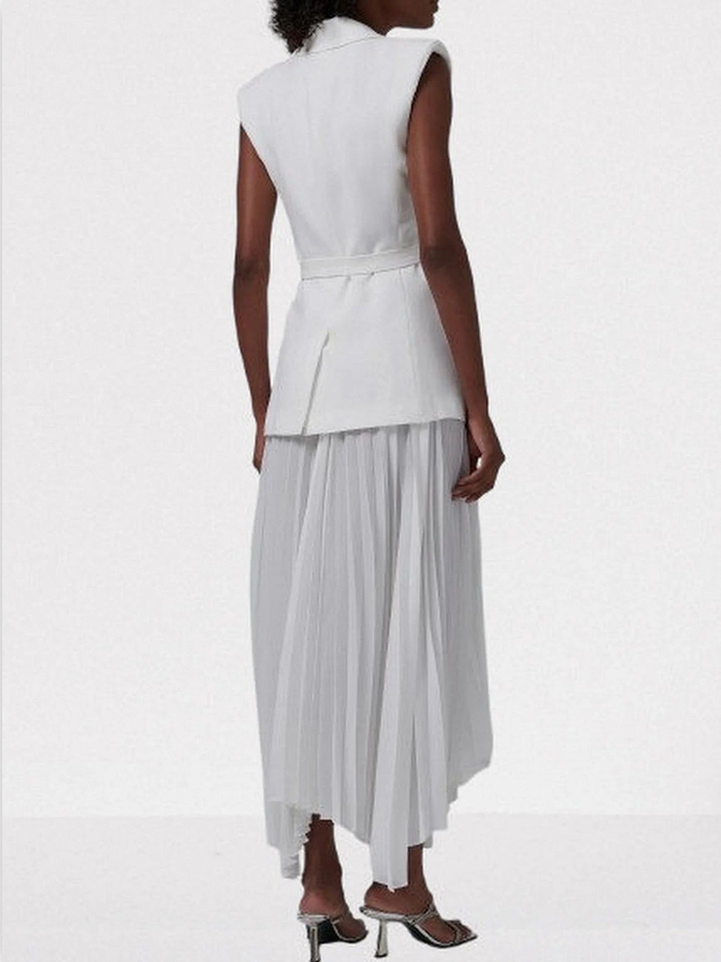 Asymmetrical Sleeveless Pleated Crepe Blazer Dress Dresses