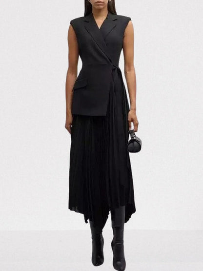 Asymmetrical Sleeveless Pleated Crepe Blazer Dress Dresses