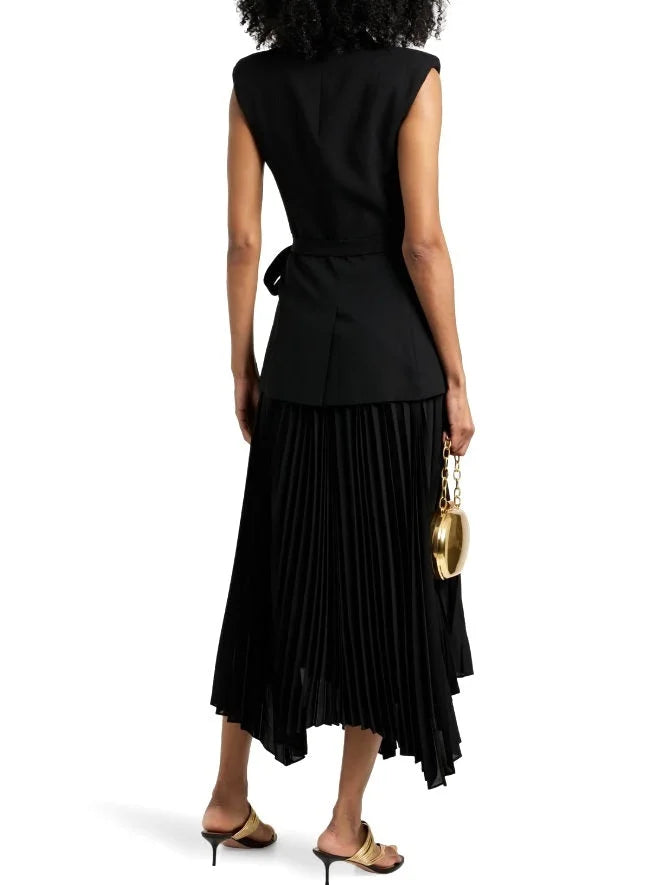 Asymmetrical Sleeveless Pleated Crepe Blazer Dress Dresses