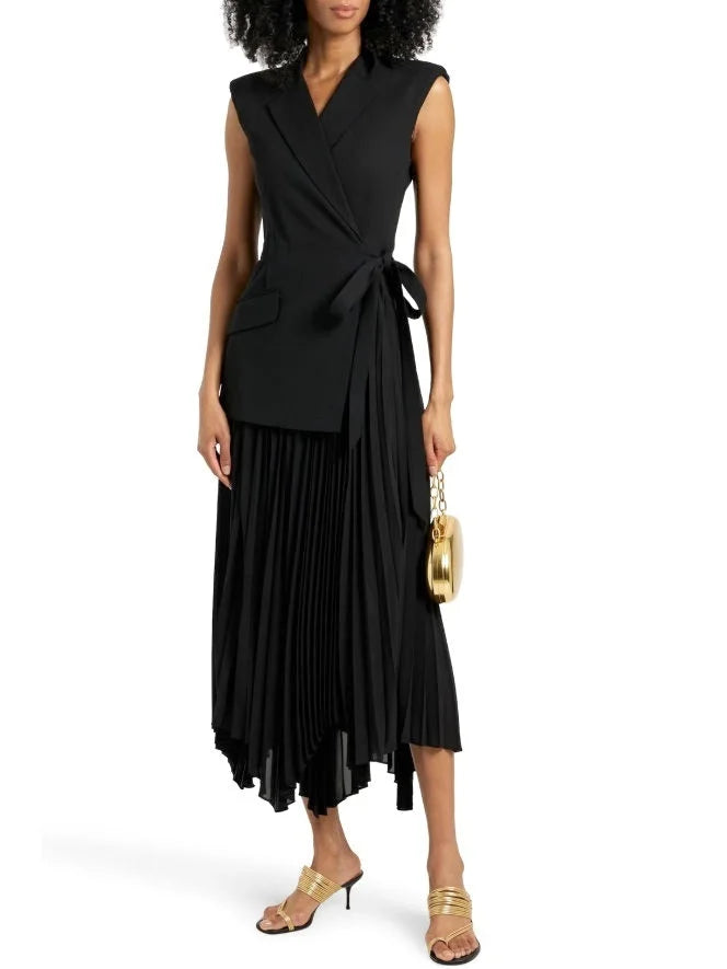 Asymmetrical Sleeveless Pleated Crepe Blazer Dress XS / Black Dresses