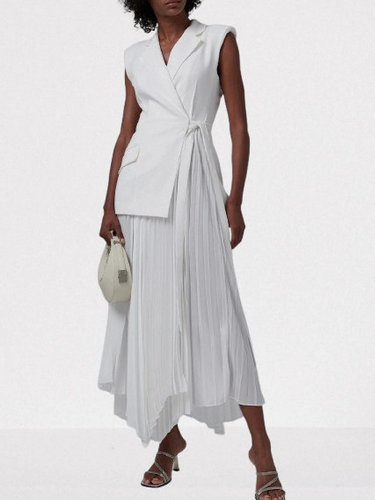 Asymmetrical Sleeveless Pleated Crepe Blazer Dress XS / White Dresses