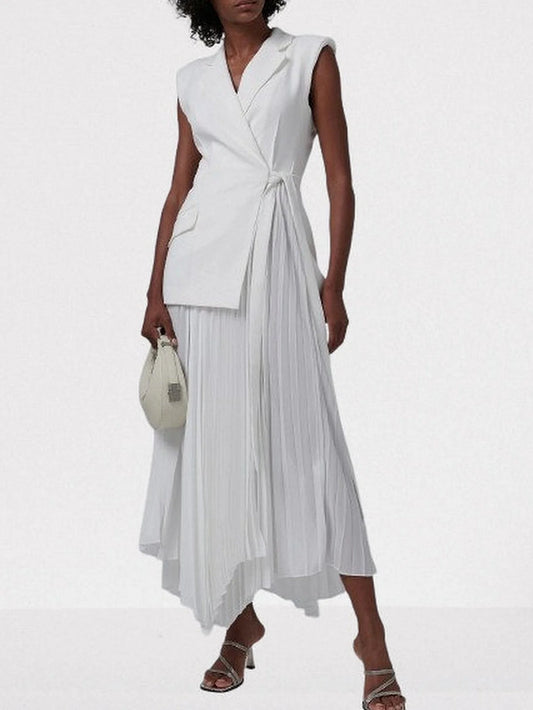 Asymmetrical Sleeveless Pleated Crepe Blazer Dress XS / White Dresses