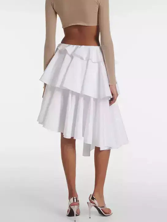 Asymmetrical Spiral Ruffle Tiered White Skirt - Skirts