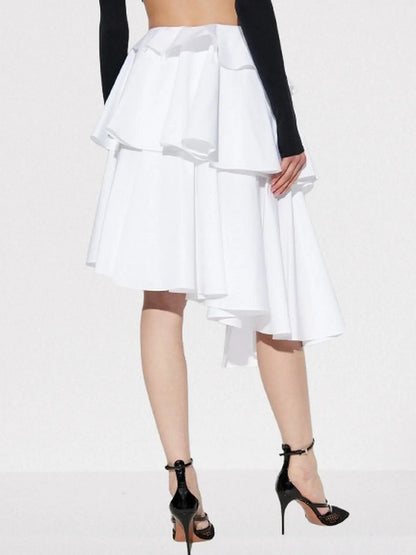 Asymmetrical Spiral Ruffle Tiered White Skirt - Skirts