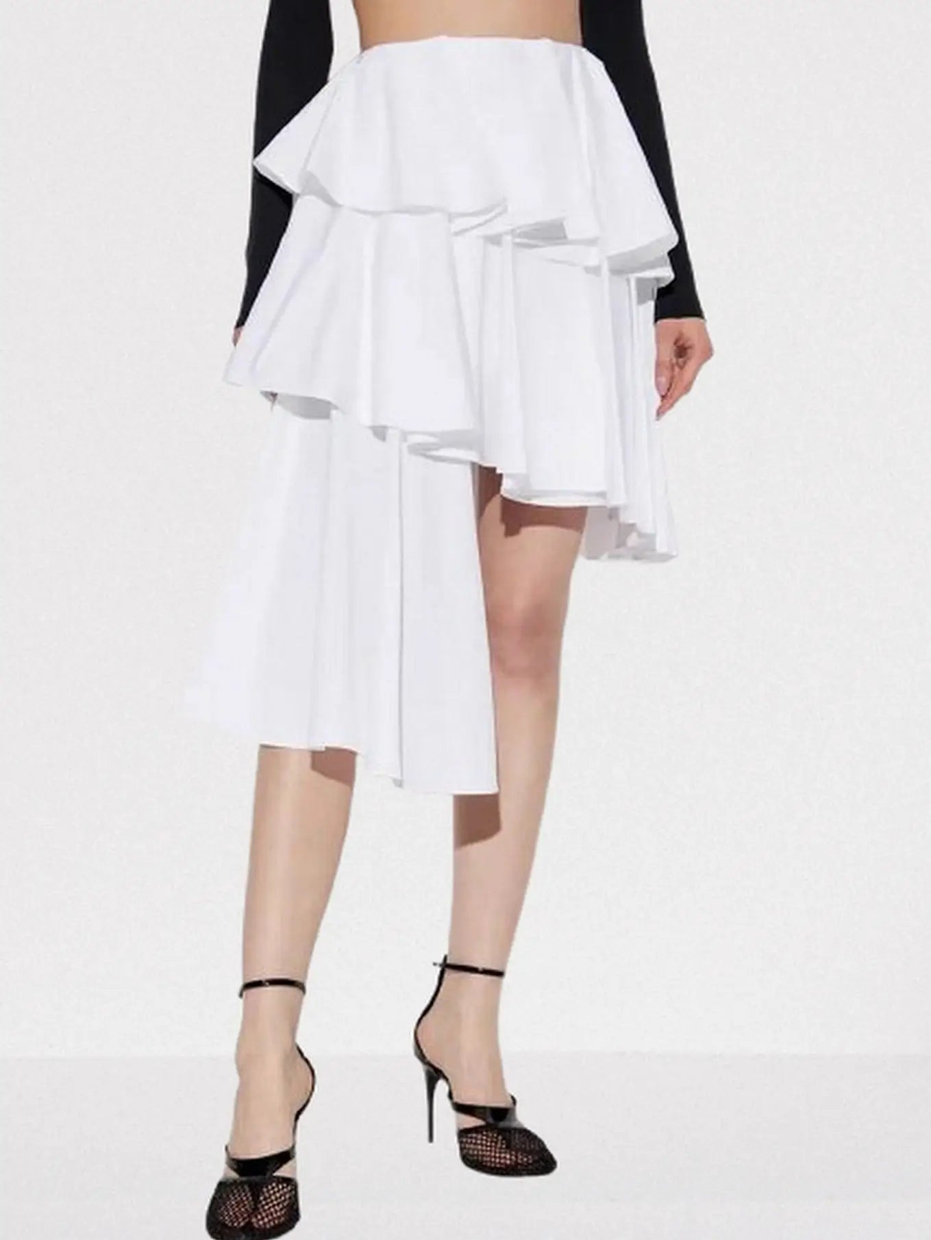 Asymmetrical Spiral Ruffle Tiered White Skirt - Skirts