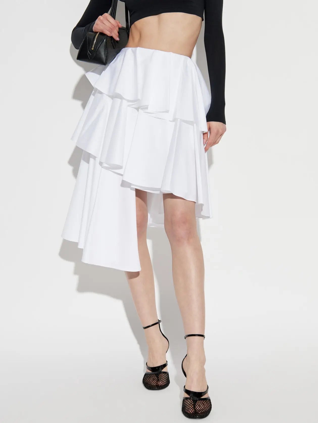 Asymmetrical Spiral Ruffle Tiered White Skirt - Skirts