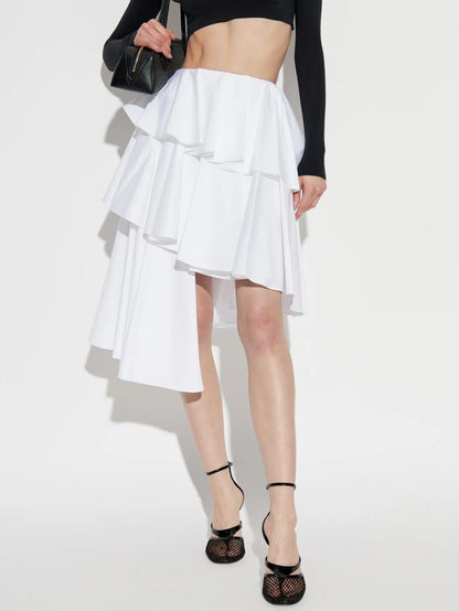 Asymmetrical Spiral Ruffle Tiered White Skirt - Skirts