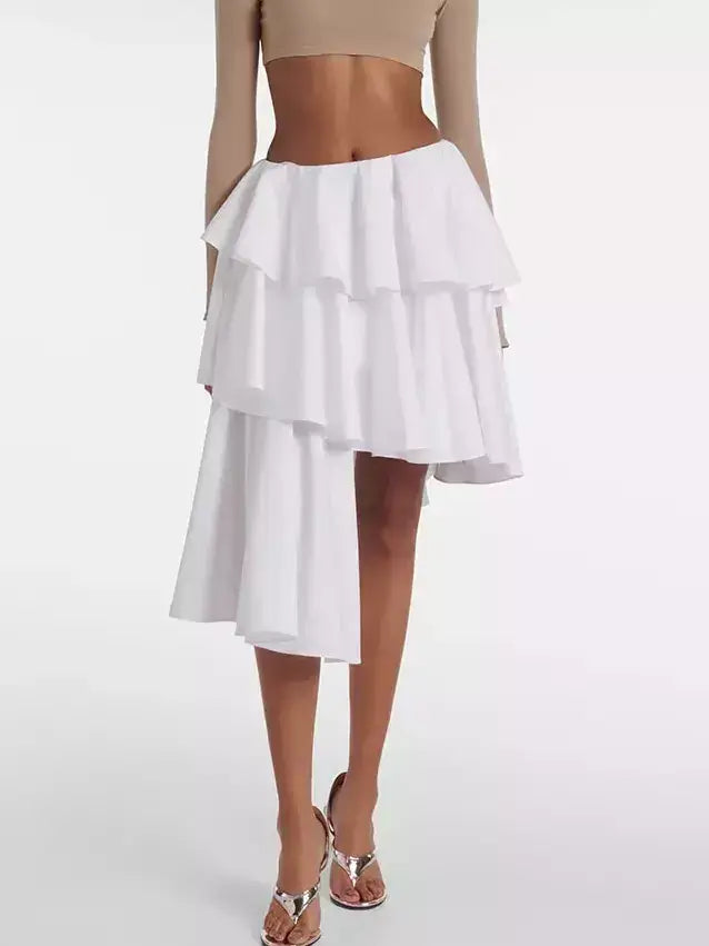 Asymmetrical Spiral Ruffle Tiered White Skirt - Skirts