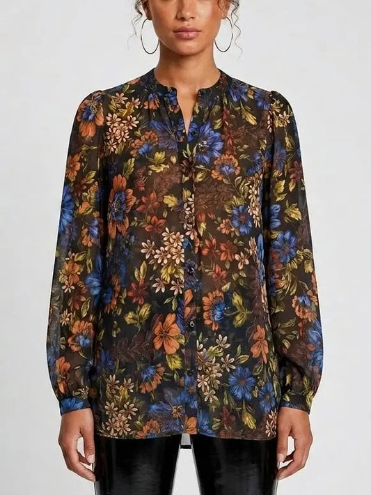 Autumn Botanical Print Silk Blouse - Small - Tops