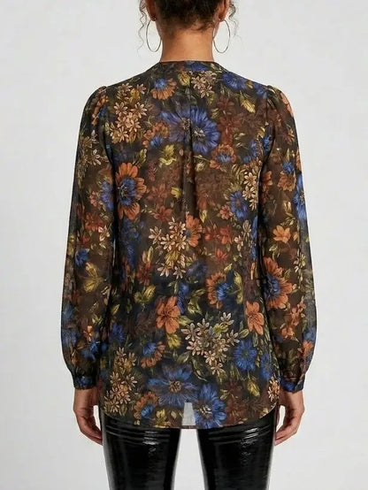 Autumn Botanical Print Silk Blouse - Tops