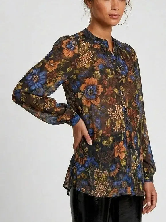 Autumn Botanical Print Silk Blouse - Tops